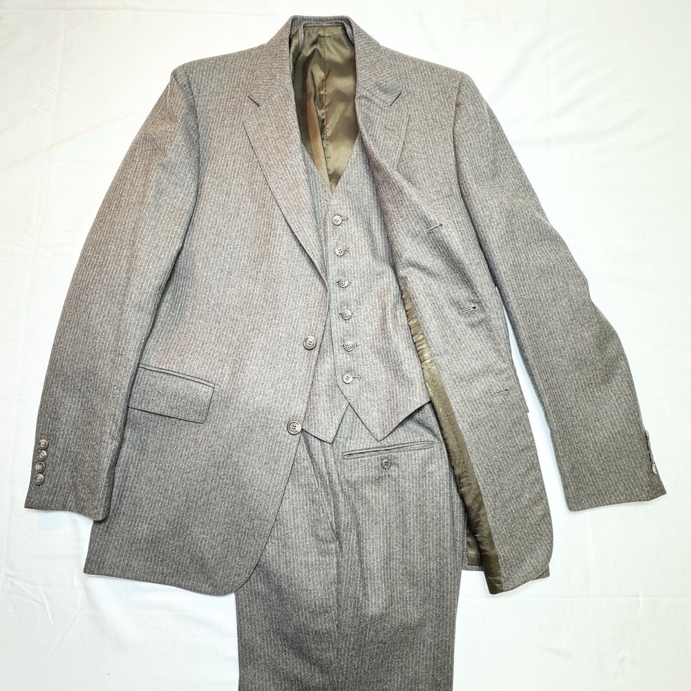 Vtg Bespoke Cricketeer 3 Piece Wool Sack Suit 38L 33x33 Flannel Pinstripe 3Roll2